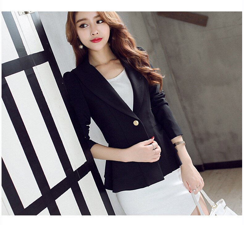Brand Spring Autumn Slim Fit Women Formal Jackets Office Work Suit Open Front Notched Ladies Solid Black Coat Top Blazers Jacket