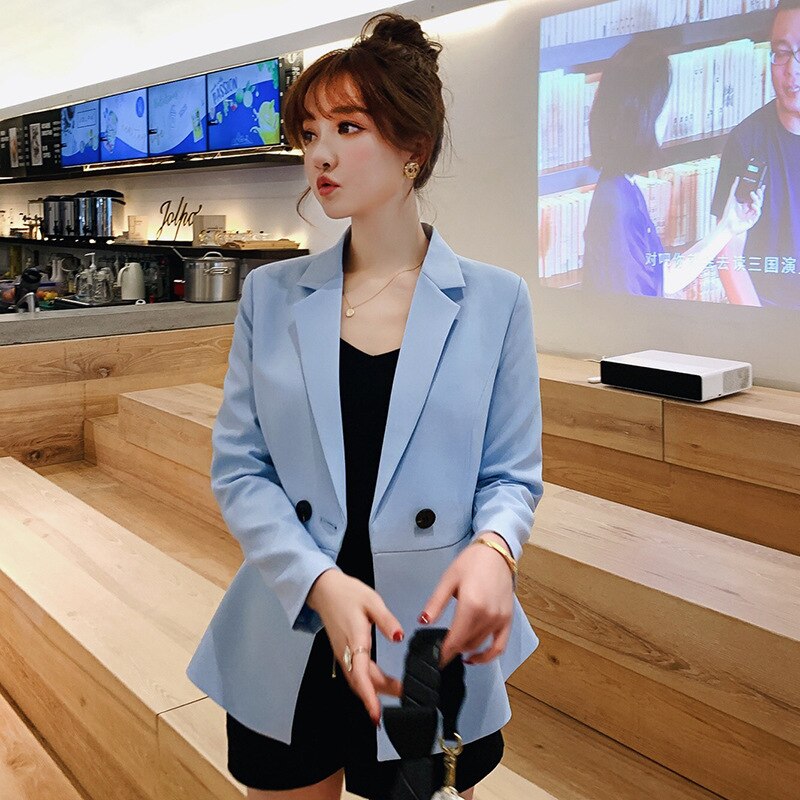 Women Jacket Blazer 2019 Sky Blue Slim Fit Long Sleeve Single Button Coat Slim Office Lady Jacket Female Tops Blazer Feminino