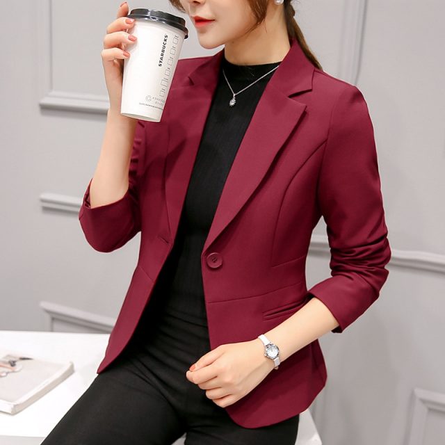 2019 Women’s Blazer Pink Long Sleeve Blazers Solid One Button Slim Office Lady Jacket Female Tops Suit Blazer Femme Jackets