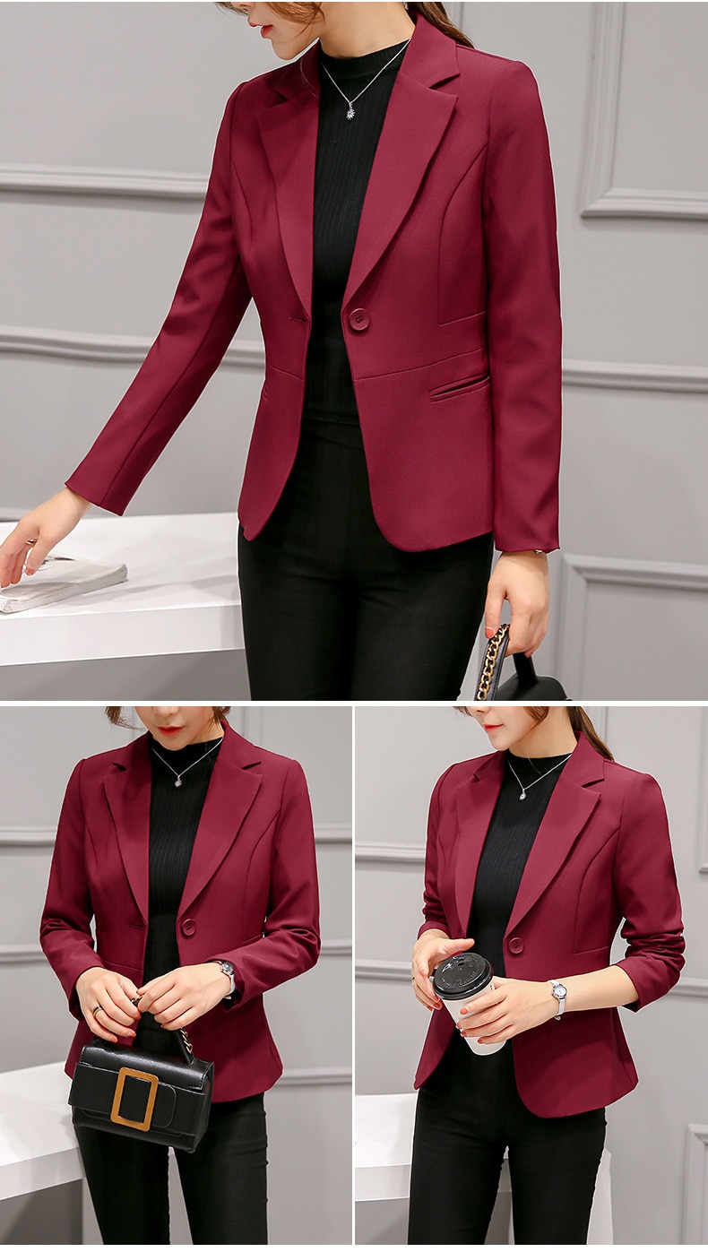 2019 Women's Blazer Pink Long Sleeve Blazers Solid One Button Coat Slim Office Lady Jacket Female Tops Suit Blazer Femme Jackets
