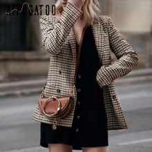 Affogatoo Fashion double breasted plaid blazer women Long sleeve slim OL blazer 2018 Casual autumn jacket blazer female