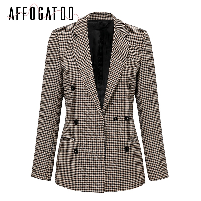 Affogatoo Fashion double breasted plaid blazer women Long sleeve slim OL blazer 2018 Casual autumn jacket blazer female