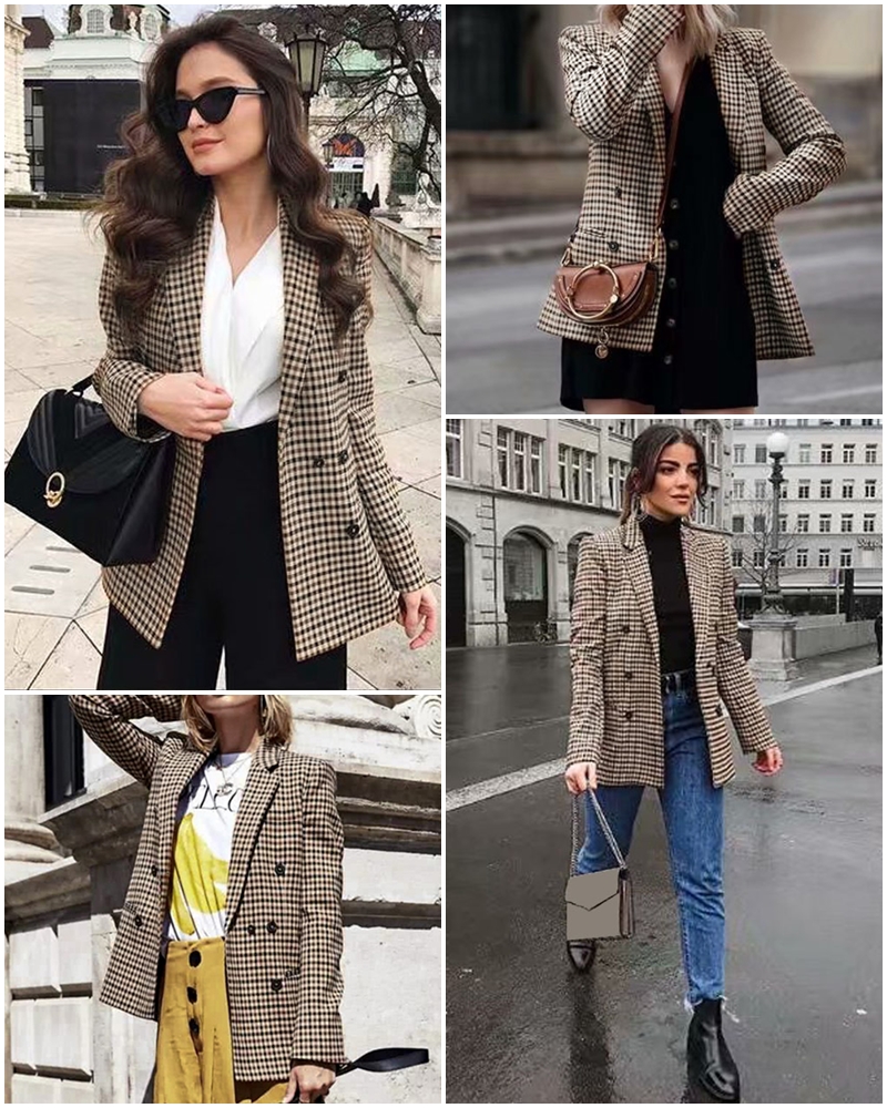 Affogatoo Fashion double breasted plaid blazer women Long sleeve slim OL blazer 2018 Casual autumn jacket blazer female