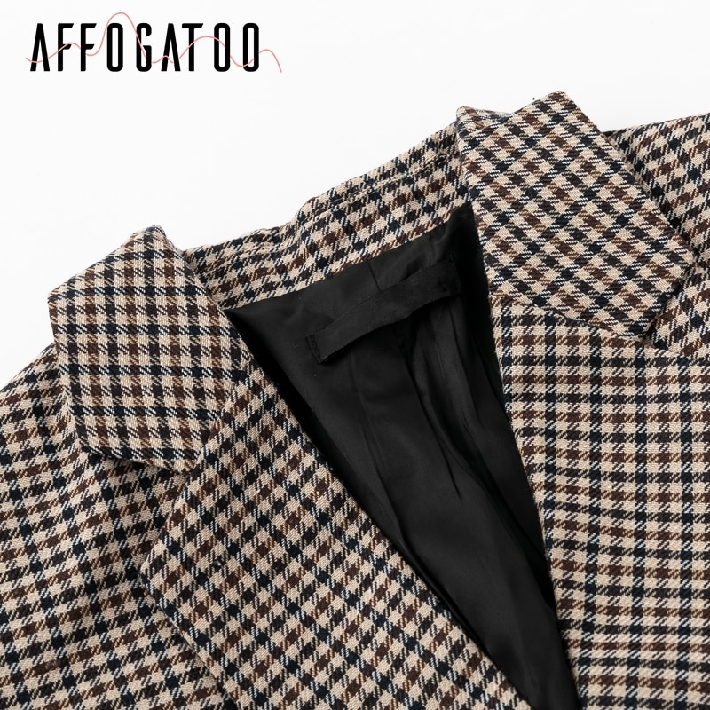 Affogatoo Fashion double breasted plaid blazer women Long sleeve slim OL blazer 2018 Casual autumn jacket blazer female