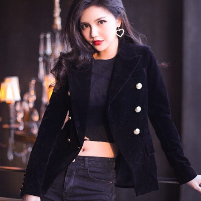 MUMUZI Fashion New Brand Autumn Women Slim Velvet Blazer Jacket Double Breasted Simple Lady Blazers High Grade OL Clothing