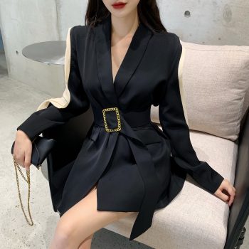 Women Chic Hit Color Blazer Elegant Sashes Tops Long Style Double Breasted Long Sleeve Slim Coat Female Casual Outerwear