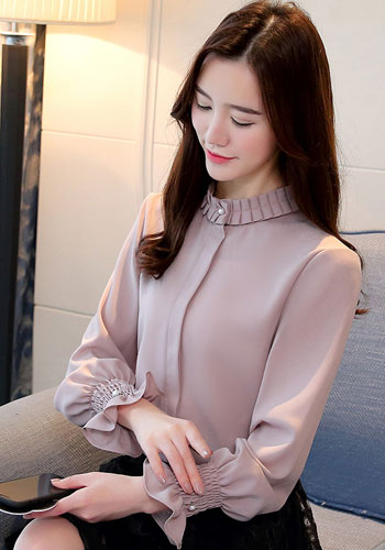 Fashion Woman Blouses Chiffon Blouse Shirt Long Sleeve Solid Stnad Collar OL Blouse Women Tops Blusa Feminina Shirt 1016 40