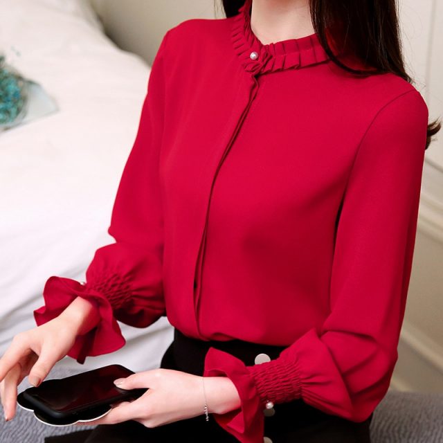 Fashion Woman Blouses Chiffon Blouse Shirt Long Sleeve Solid Stnad Collar OL Blouse Women Tops Blusa Feminina Shirt 1016 40