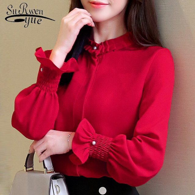 Fashion Woman Blouses Chiffon Blouse Shirt Long Sleeve Solid Stnad Collar OL Blouse Women Tops Blusa Feminina Shirt 1016 40