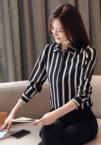 New Arrival plus size Women Tops and Blouses Fall Long Sleeve Striped Cardigan Chiffon Blouse Women Office Lady Clothes 5983 50