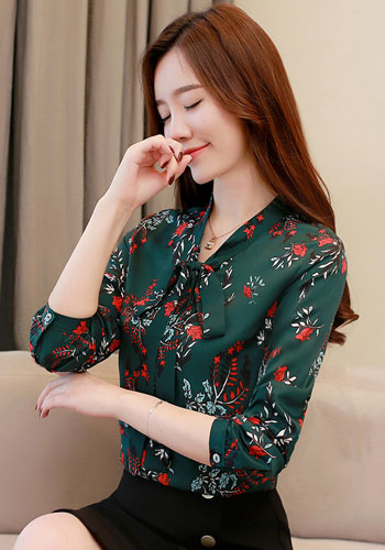 Fashion women blouses spring print green chiffon blouse shirt office work wear blouse womens tops and blouses blusa 1780 50