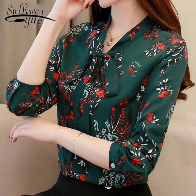 Fashion women blouses spring print green chiffon blouse shirt office work wear blouse womens tops and blouses blusa 1780 50