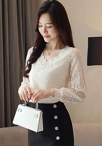 New Fashion Elegant Casual Women Blouse Solid Women Tops Lace Long Sleeve V-neck Women Clothing Autumn Korean Style 5958 50