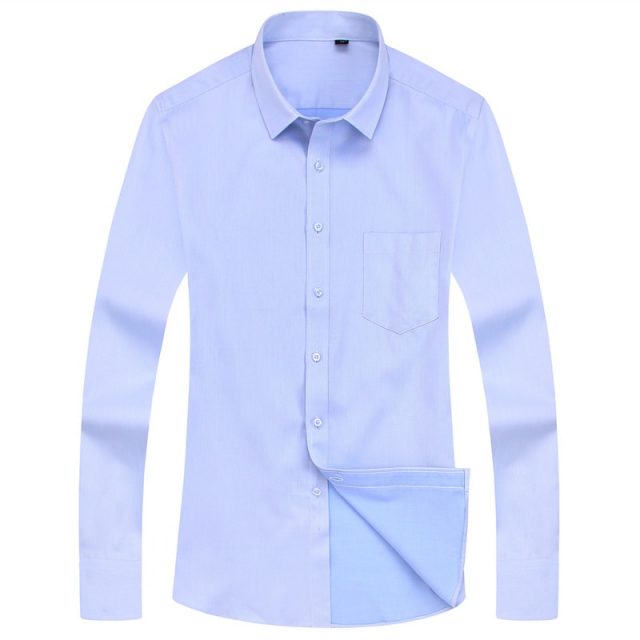 High Quality Non-ironing Men Dress Long Sleeve Shirt 2019 New Solid Male Plus Size Fit Business Shirts White Blue