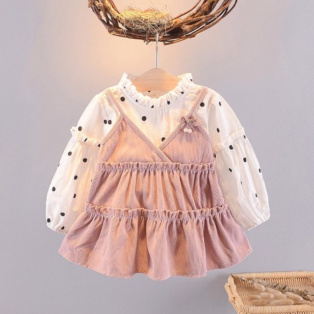 Kids Ruffled Casual Princess Dresses Polka Dot Baby Girls Dress for Girl New Auttmn Long Sleeve Fake 2 Piece Dress