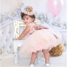 Pink Backless Princess Gold Bow Baby Dress for Girl Baptism Christening 1st Birthday Party Newborn Gift Infant Tutu Girls Gown