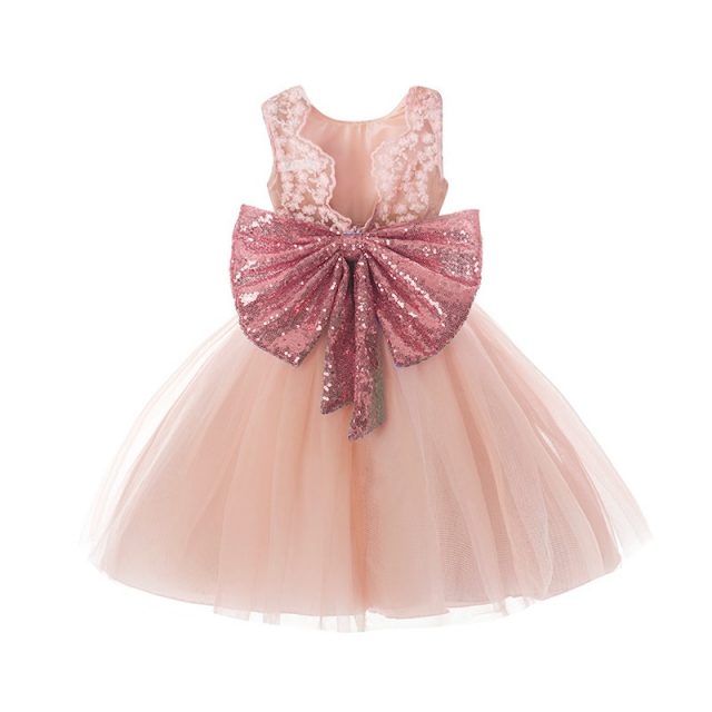 Pink Backless Princess Gold Bow Baby Dress for Girl Baptism Christening 1st Birthday Party Newborn Gift Infant Tutu Girls Gown