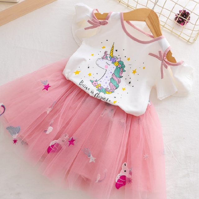 Girls Unicorn Dress Clothing Sets 2019 Summer Cute Princess Girl Unicorn T- Shirt + Gauze Dress 2PCS Set Children Clothing 3 8Y