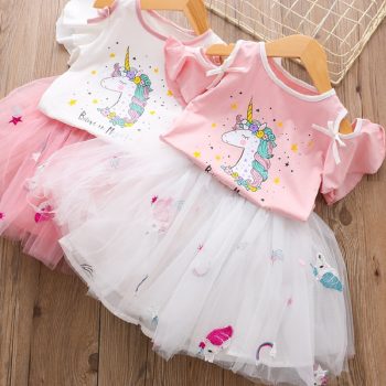 Girls Unicorn Dress Clothing Sets 2019 Summer Cute Princess Girl Unicorn T- Shirt + Gauze Dress 2PCS Set Children Clothing 3 8Y