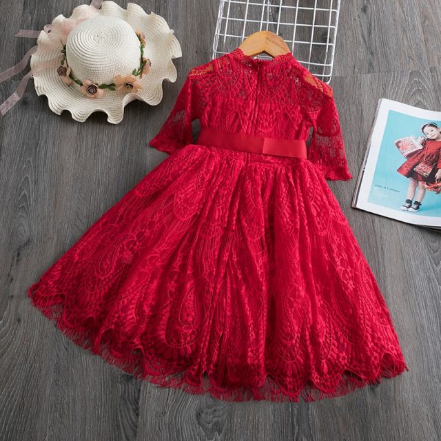 Lace Girls Dress Red Dresses For Christmas Anniversaire Gift Party Frocks Tutu Toddler Kids Prom Gown Dress Children’s Clothing