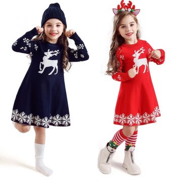 New Year Girls Knitted Dress Autumn Winter Clothes Reindeer Kids Dress for Little Girl Princess Cotton Warm Christmas Dresses