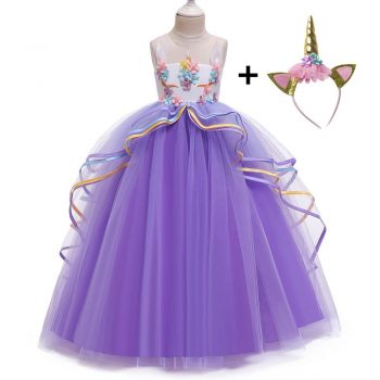 Rainbow Unicorn Cosplay Girl Dress Party Elegant Flower Lace Long Tutu Formal Ball Gown Princess Baby Dresses 5 7 8 12 14 Years