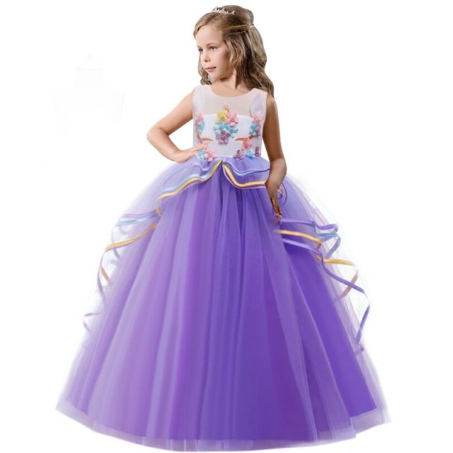 Rainbow Unicorn Cosplay Girl Dress Party Elegant Flower Lace Long Tutu Formal Ball Gown Princess Baby Dresses 5 7 8 12 14 Years