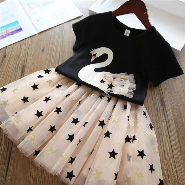 Girls Clothing Sets 2019 Summer Princess Girl Bling Star Flamingo Top + Bling Star Dress 2pcs Set Children Clothing Dresses