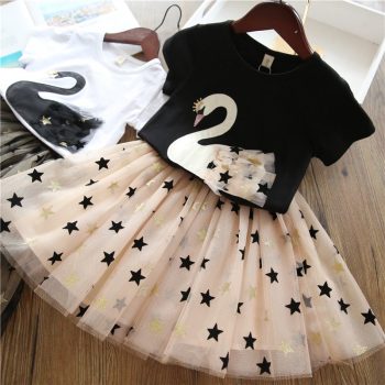 Girls Clothing Sets 2019 Summer Princess Girl Bling Star Flamingo Top + Bling Star Dress 2pcs Set Children Clothing Dresses