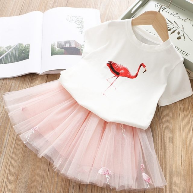 Girls Clothing Sets 2019 Summer Princess Girl Bling Star Flamingo Top + Bling Star Dress 2pcs Set Children Clothing Dresses