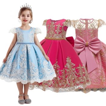 Lace Hollow Out Dresses For Girls Dress Elegent Flower Wedding Dress Backless Big Bow Ball Gown Girls Clothing For 4-10 Years