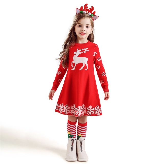 Kids Dresses For Girls Long Sleeve Deer Snowflake Print Dress New Year Costume Princess Dress Kids Christmas Clothes Vestidos