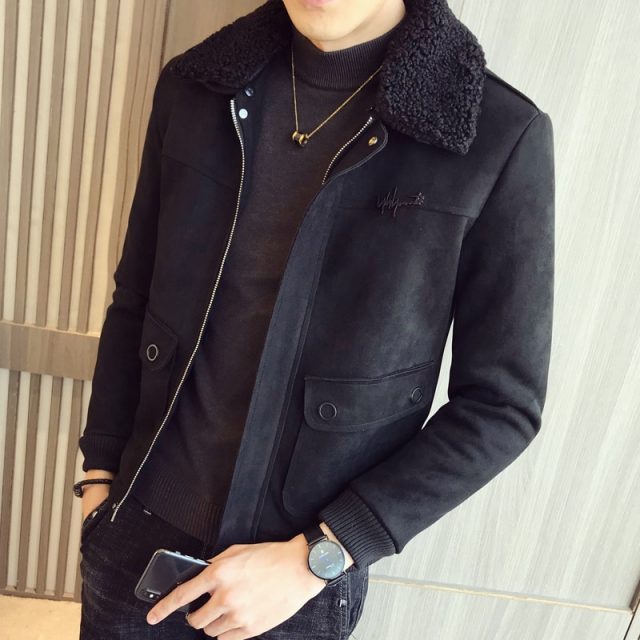 2019 new autumn and winter wool lapel suede cotton men’s short large pockets cotton jacket trend embroidery cotton jacket male