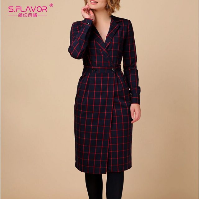 S.FLAVOR Women Elegant Plaid Blazer Dress Autumn Winter Office Lady  Knee Length  Dress Long Sleeve Slim Party Vestidos