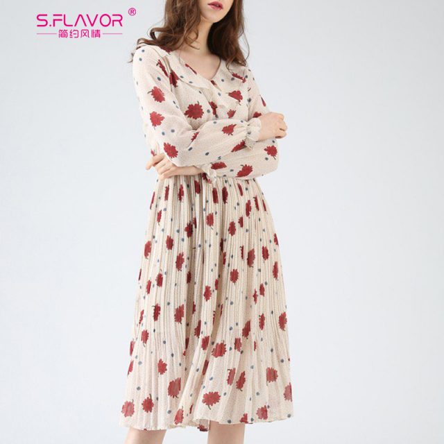 S.FLAVOR Floral Printed Chiffon Casual Dress For Women Elegant V-neck Pleated A-line Dress Spring Autumn Fashion Vestidos