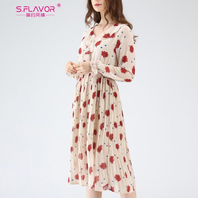 S.FLAVOR Floral Printed Chiffon Casual Dress For Women Elegant V-neck Pleated A-line Dress Spring Autumn Fashion Vestidos