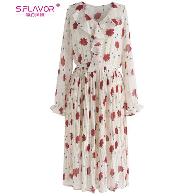 S.FLAVOR Floral Printed Chiffon Casual Dress For Women Elegant V-neck Pleated A-line Dress Spring Autumn Fashion Vestidos