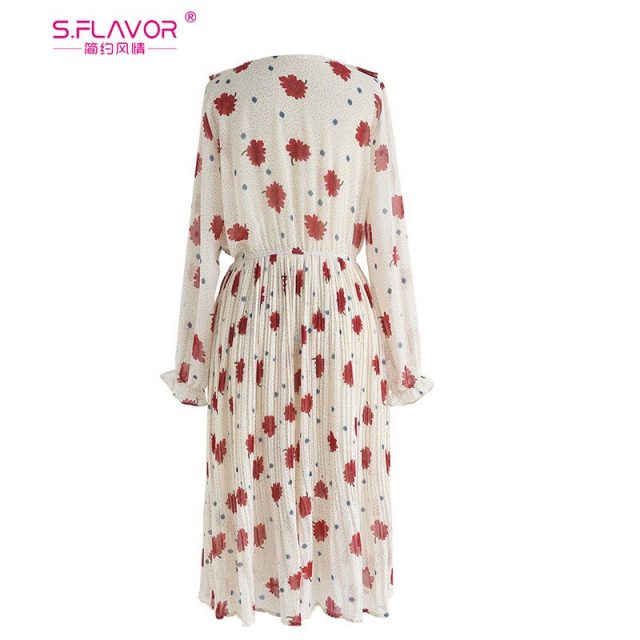 S.FLAVOR Floral Printed Chiffon Casual Dress For Women Elegant V-neck Pleated A-line Dress Spring Autumn Fashion Vestidos