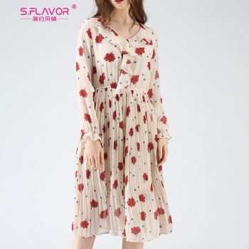 S.FLAVOR Floral Printed Chiffon Casual Dress For Women Elegant V-neck Pleated A-line Dress Spring Autumn Fashion Vestidos
