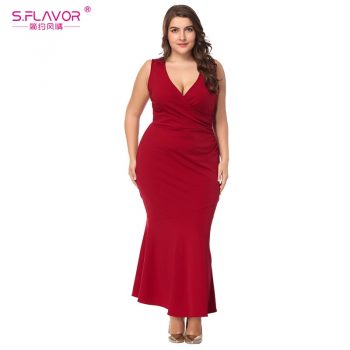 S.FLAVOR Plus Size V Neck Solid Pencil Slim Dress Women Autumn Sleeveles Sexy Big Size Long Dress Party Vestido de festa