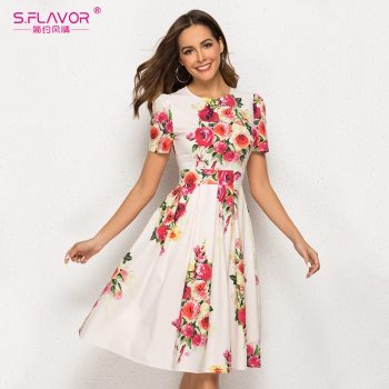 S.FLAVOR Retro Floral Print Dress 2019 Fashion Elegant Short Sleeve Vintage Vestidos O Neck A-line Woman Party Night Sundress