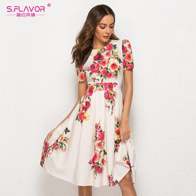 S.FLAVOR Retro Floral Print Dress 2019 Fashion Elegant Short Sleeve Vintage Vestidos O Neck A-line Woman Party Night Sundress