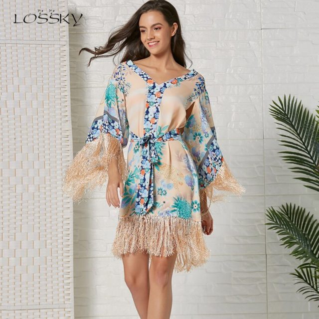 Lossky Dress Women Elegant Vestidos Bohemia Tassel Stitching 2019 Fashion Printed Mini Summer Autumn Beach Clothing Dress Femme