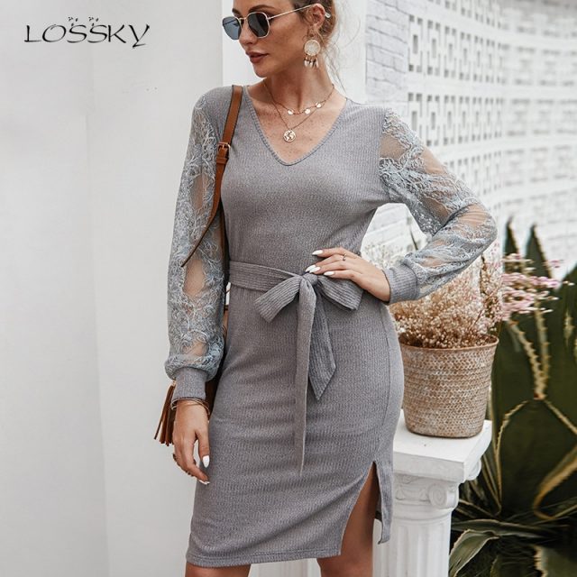 Lossky Dress Women Autumn Winter Long Sleeve Knitted Dress Fashion Fall Short Transparent Slit Mini Clothes Vestido Elegant 2019