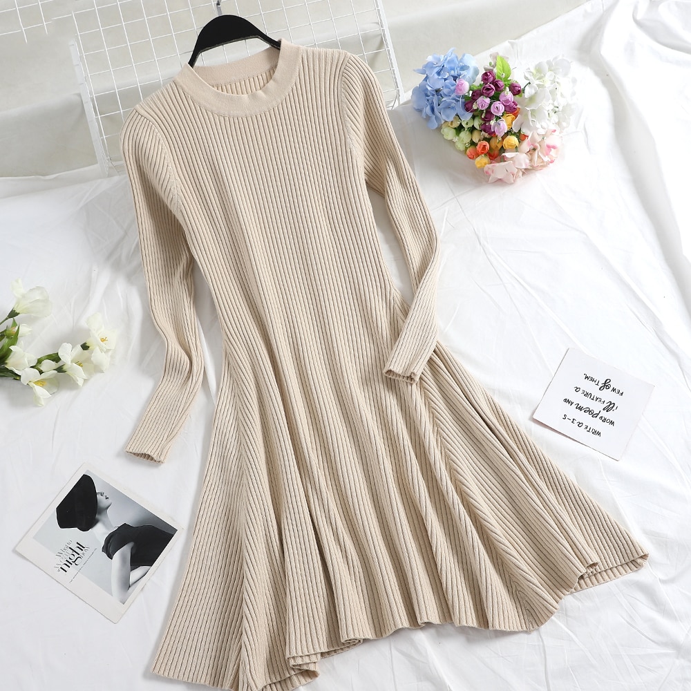 Women Long Sleeve Sweater Dress Women's Irregular Hem Casual Autumn Winter Dress Women O-neck A Line Short Mini Knitted Dresses