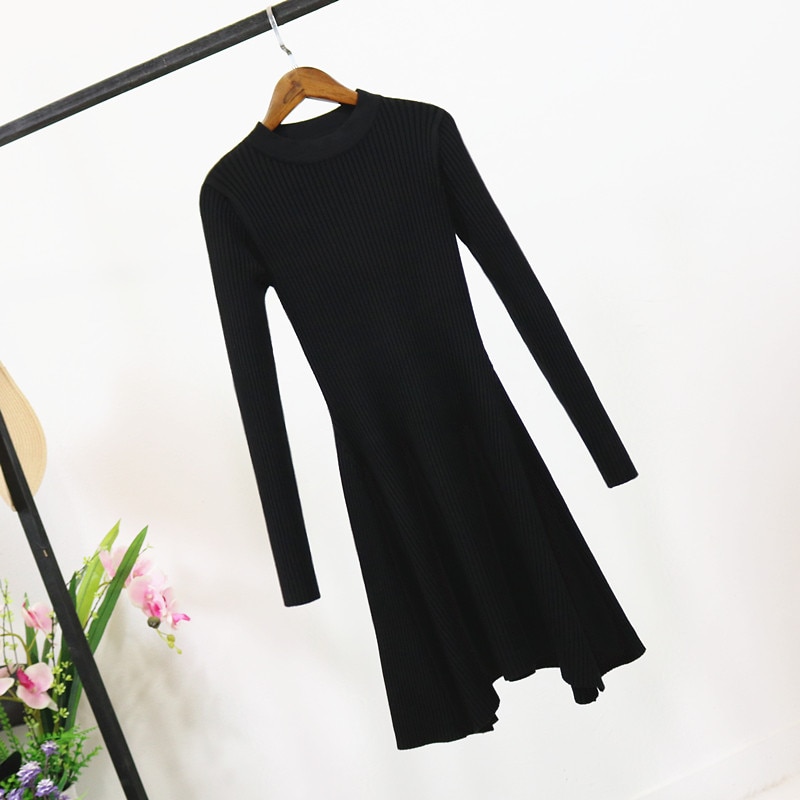 Women Long Sleeve Sweater Dress Women's Irregular Hem Casual Autumn Winter Dress Women O-neck A Line Short Mini Knitted Dresses