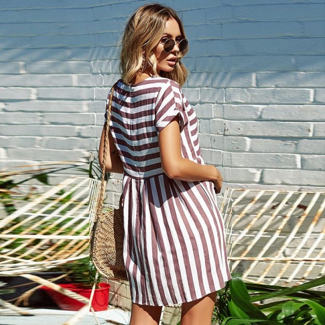 Lossky Women Summer Beach Dress A-Line Striped Short Sleeve O-Neck Print Dresses Casual Mini Style Dress 2019 Sexy Sundress