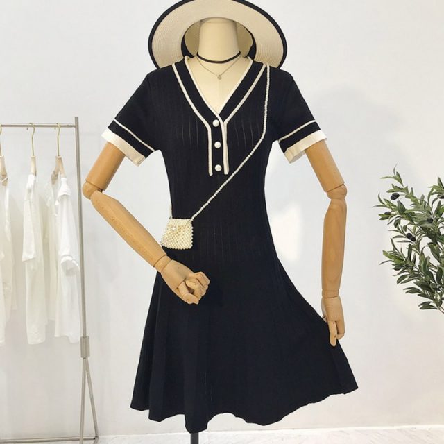 Women Fashion Color Matching V-neck Pleated Short Sleeves Dress Casual Knitted Bottoming Sweet Summer Dresses 2019 New