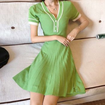 Women Fashion Color Matching V-neck Pleated Short Sleeves Dress Casual Knitted Bottoming Sweet Summer Dresses 2019 New