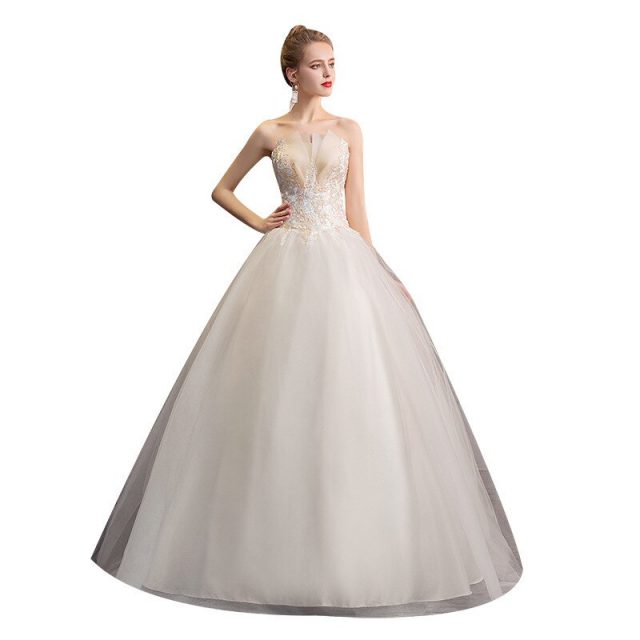 Sexy Illusion Wedding Dresses Strapless Ball Gown Lace Up Embroidery Tulle Formal Wedding Gowns For Bride Robe De Mariee 2019